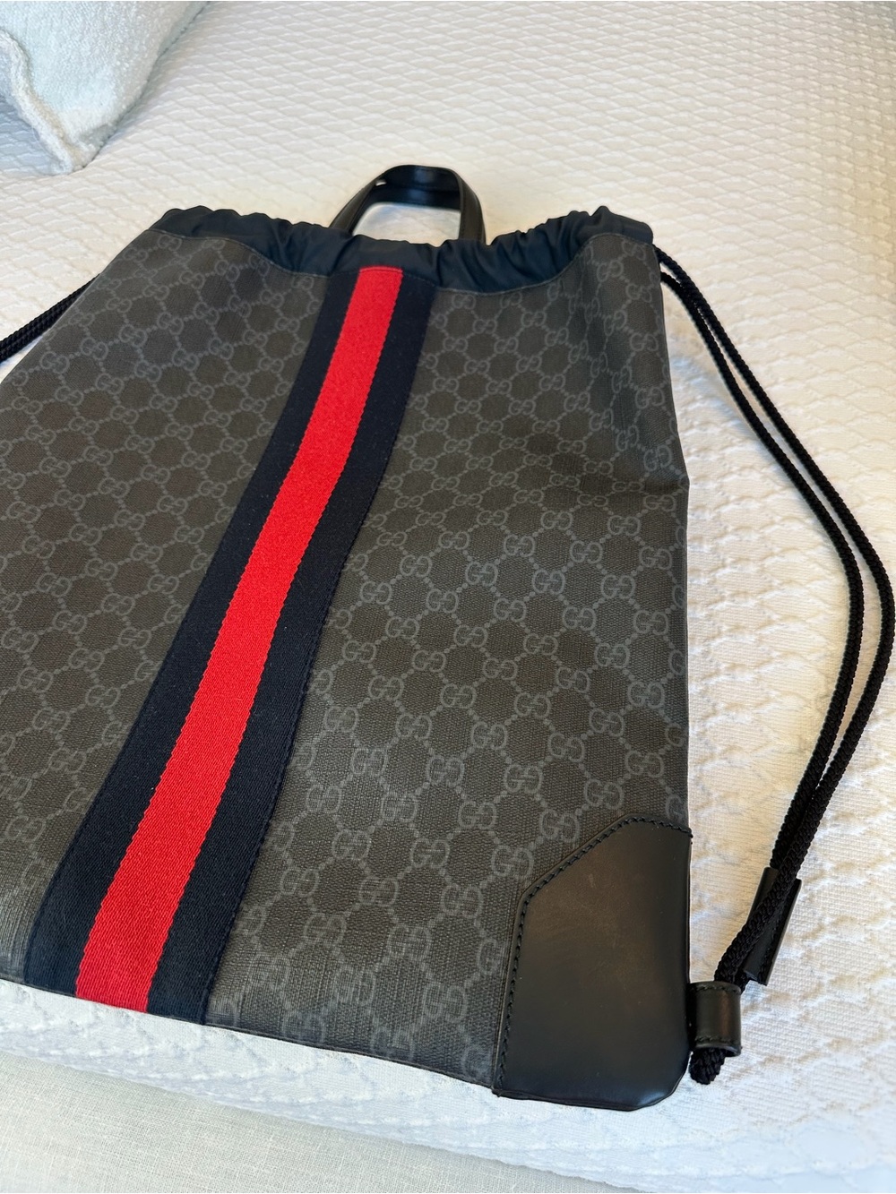 Gucci Black & Red Monogram Drawstring Backpack - Picture 2 of 8